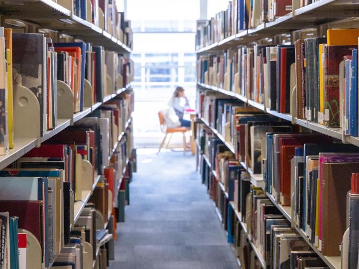 View down an aisle of bookshelves in a library, filled with colorful books, with a person sitting and reading at a table in the background near a large window.