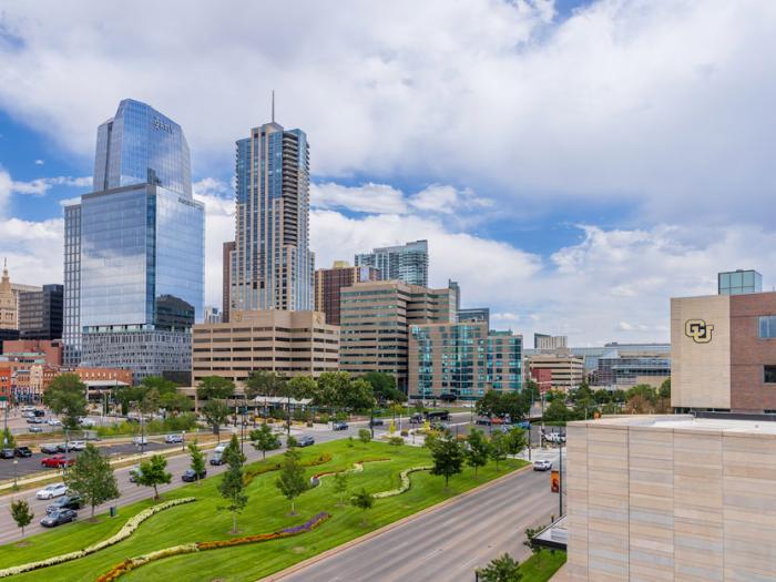 Aerial shot of CU Denver campus nestled in the city of Denver