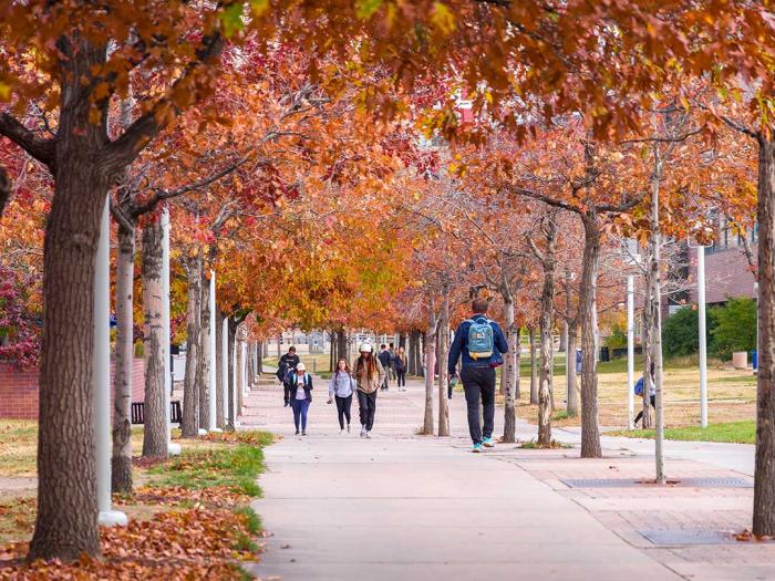 CU Denver students walking on sidewalk