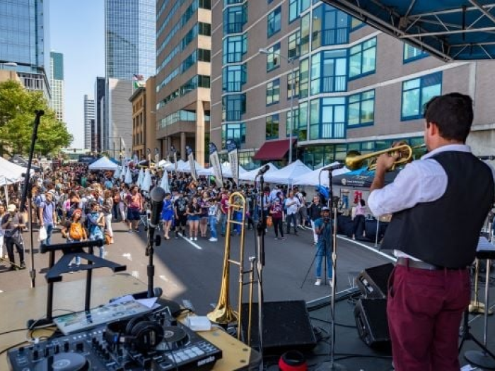 musicians on stage at CU Denver block party