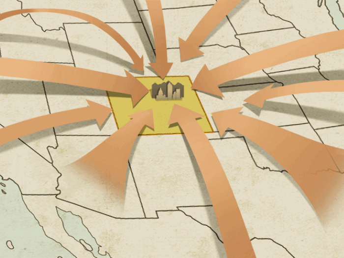 Map of USA with arrows pointing to Denver