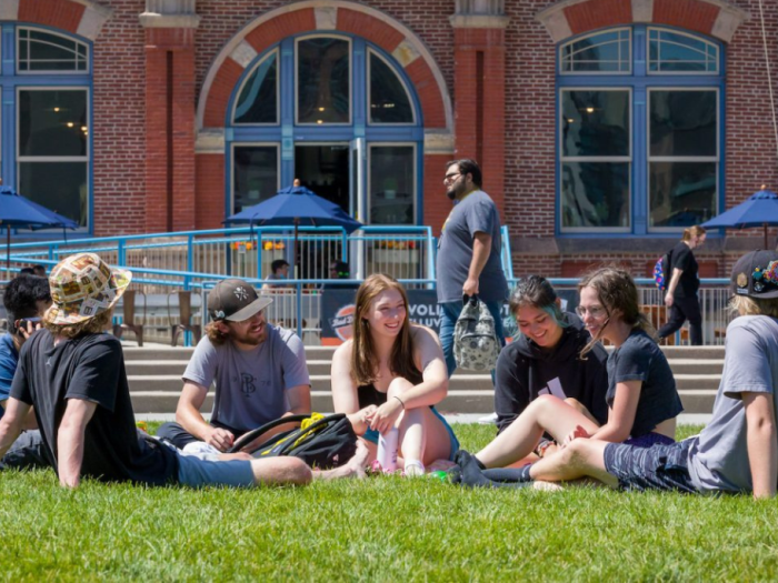students on lawn