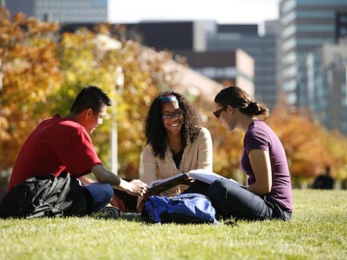 CU Denver students laughing and studying outside on the grass