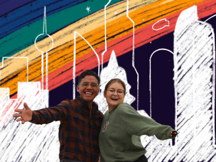 Mixed media photo of SGA President Juan Gonzalez and VP Morgan DeVito on campus with an illustration of a rainbow and city skyline