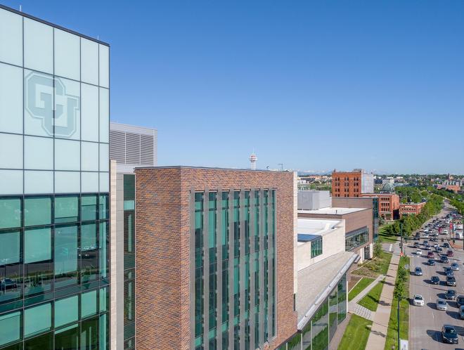 Aerial shot of CU Denver building in downtown Denver