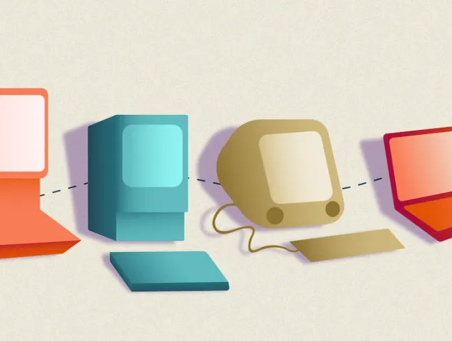 Graphic of the evolution of computers, ending with AI microchip