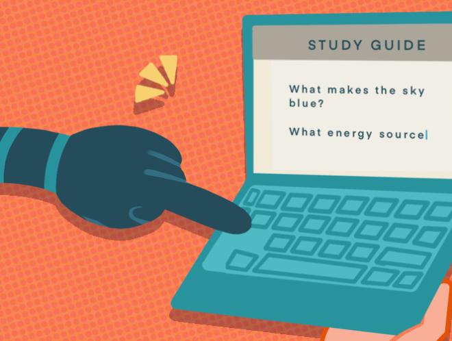 Graphic of robot arms creating study guide on laptop
