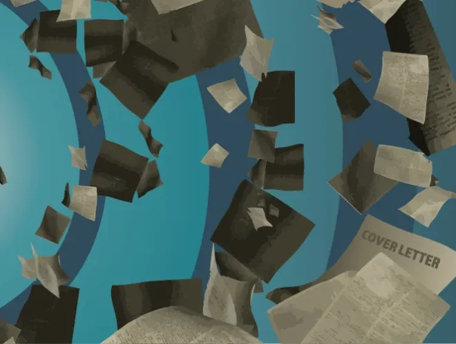 Graphic of cover letters spiraling out of a computer
