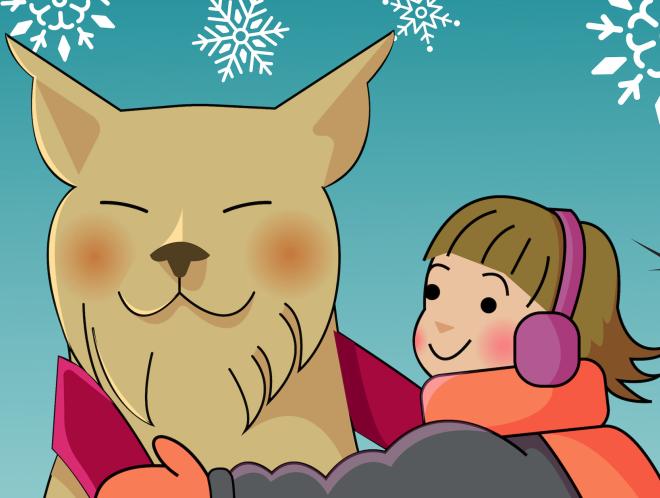 Graphic of person hugging lynx statue in the snow