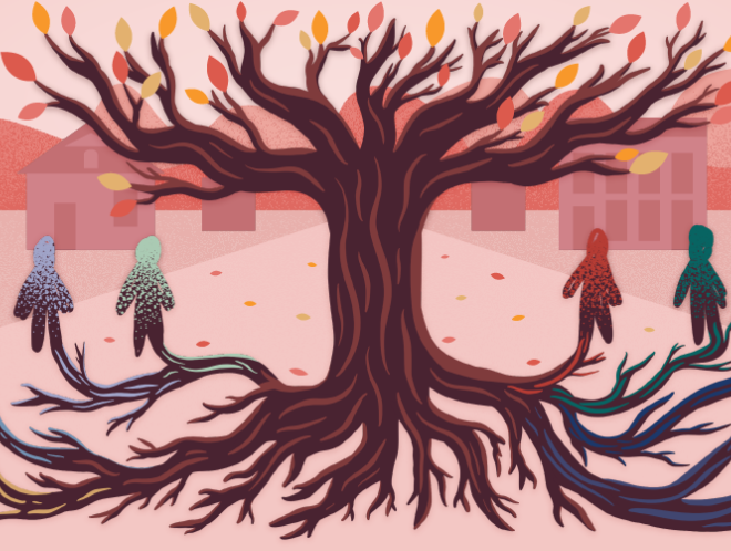 Graphic of people connected to tree roots in Ninth Street Historic Park