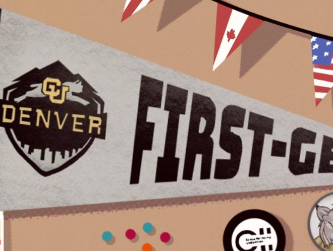 Graphic of cork board with CU Denver first-gen pennant, international flags, photos, stickers, and a tassel