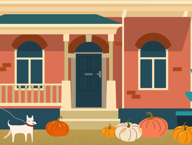 Graphic of colorful house in fall with person walking dog in front