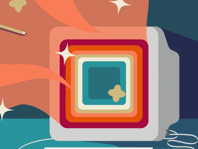 Graphic of computer with graphic elements and school supplies floating from the screen