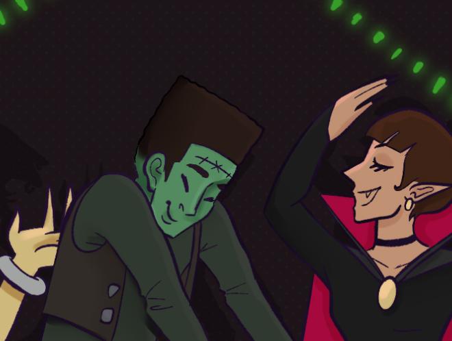 Graphic of a werewolf, Frankenstein, a vampire, and a ghost dancing