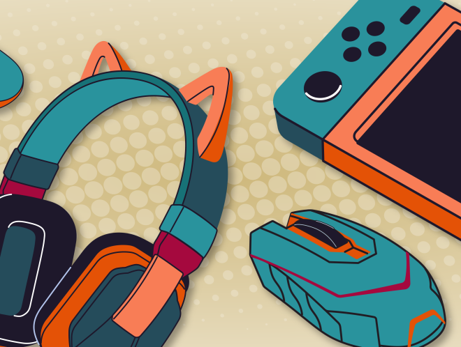 Graphic of a game controller, gaming headset, computer mouse, and gaming console.