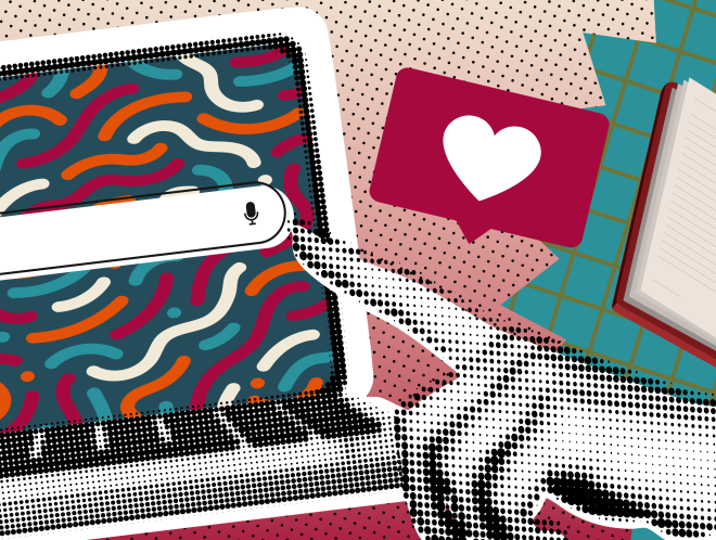Collage of graphics of a laptop, books, a hand pointing, a lightbulb, and a like notification
