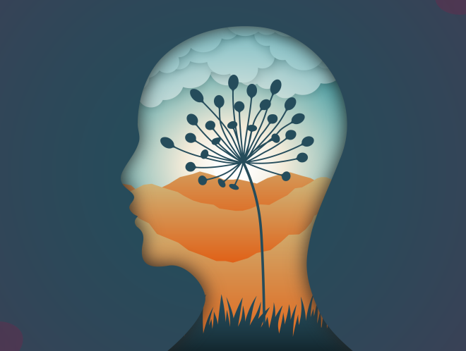 Graphic of silhouette of a head with nature imagery inside