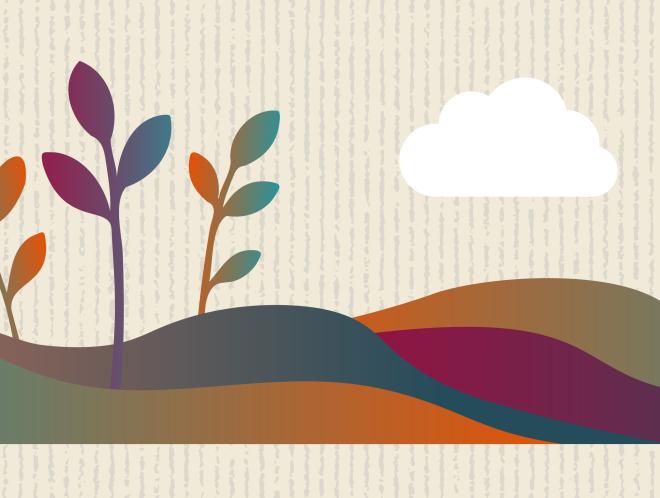 Graphic of calm landscape coming out of a phone screen