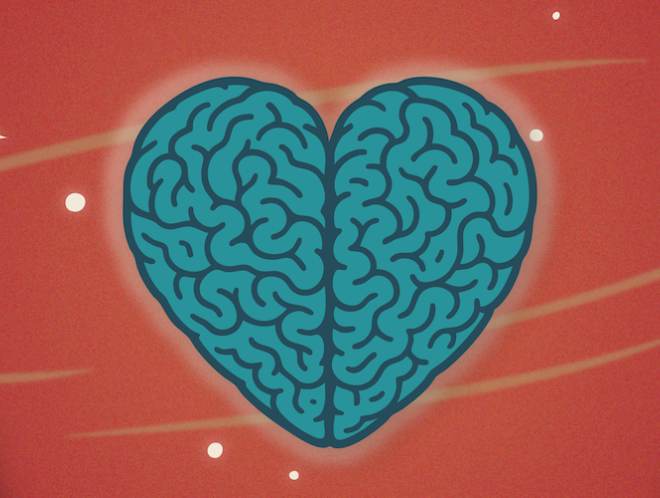 Graphic of brain in the shape of a heart, stars, and hands