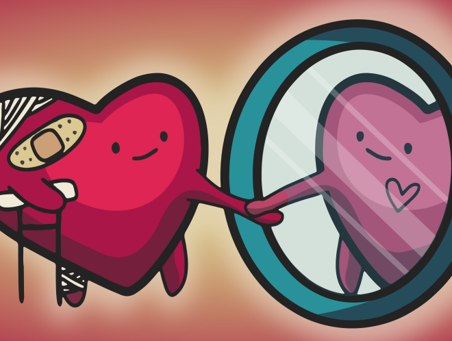 Graphic of injured cartoon heart holding hands with its healed reflection