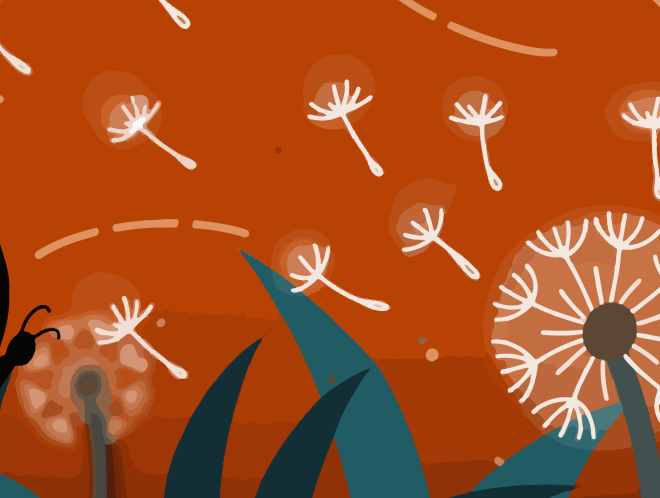 Graphic of a dandelion and butterfly in grass with dandelion seeds blowing in the wind