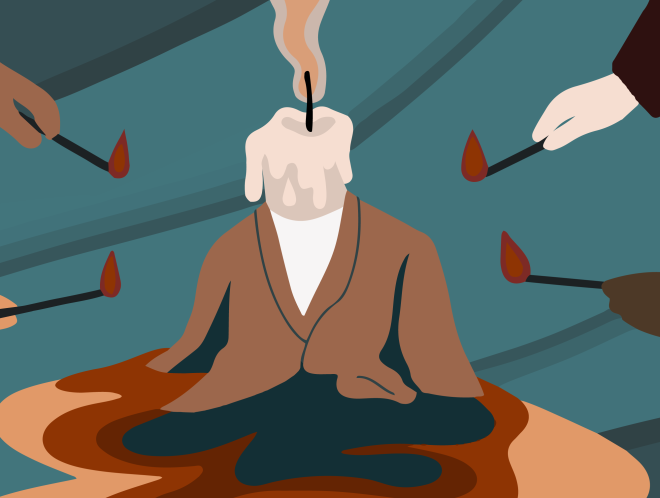 Graphic of hands lighting a melting candle shaped like a person