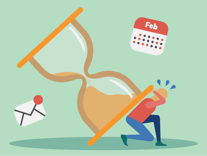Graphic of person holding up hourglass surrounded by notifications and deadlines