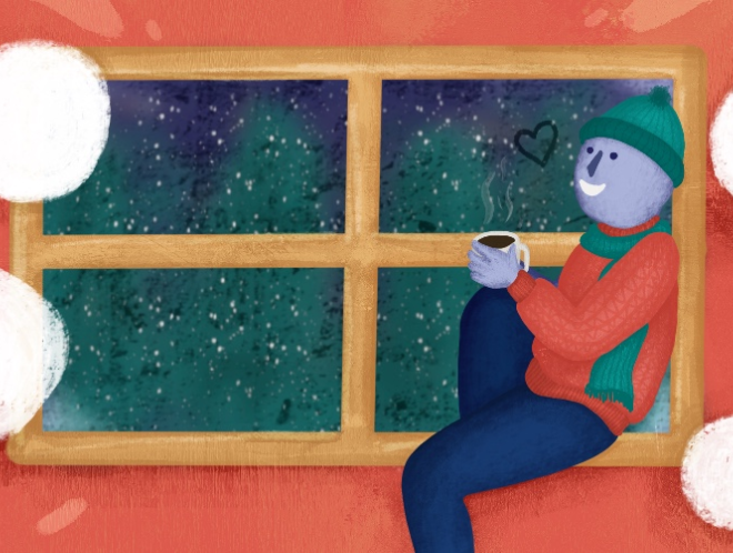 Graphic of person sitting in front of cold, frosted window. Conversation bubbles are surrounding them.