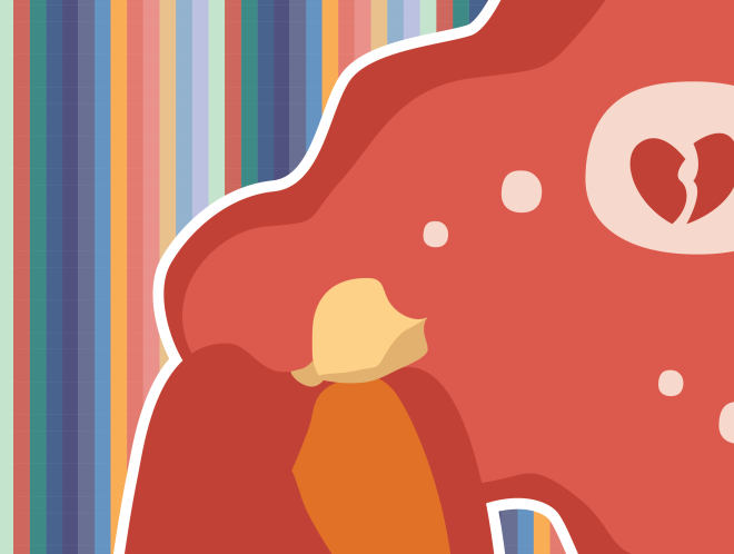 Colorful graphic of person with flowing red hair laying head on knee, thinking about disappointment