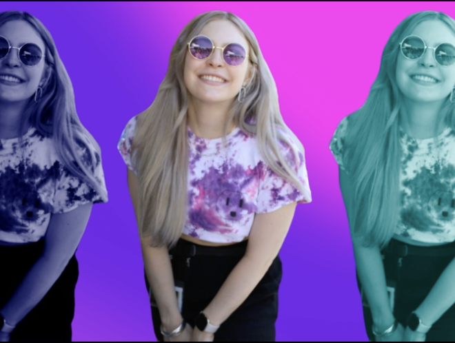 tie dye versions of a smiling woman in sunglasses