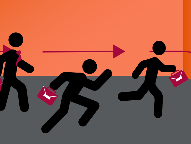 Graphic of figures with briefcases running towards an entrance located underneath a briefcase icon