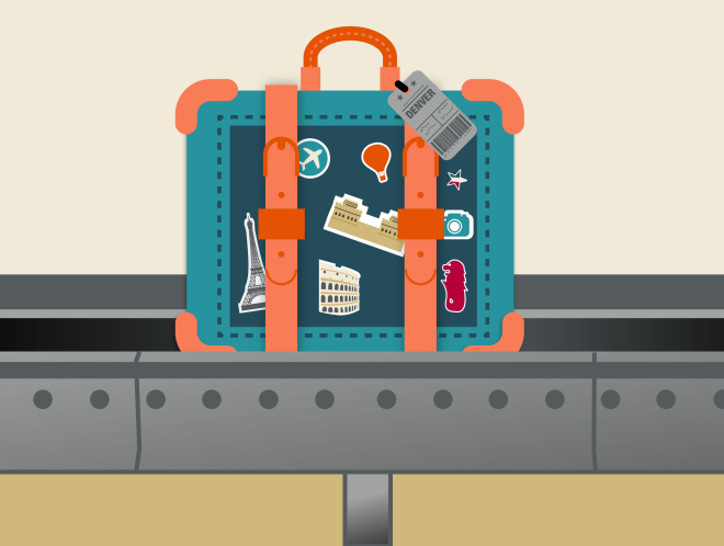 Graphic of luggage with stickers on conveyor belt