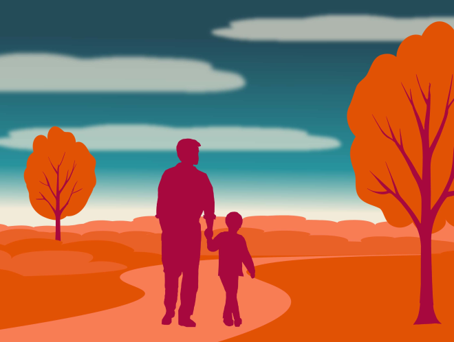 Graphic of silhouette of a person walking with a child along a path