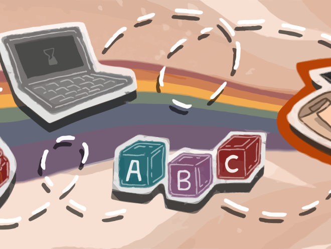 Colorful graphic of a globe, a stack of books, a laptop, alphabet blocks, and a graduation cap with a diploma