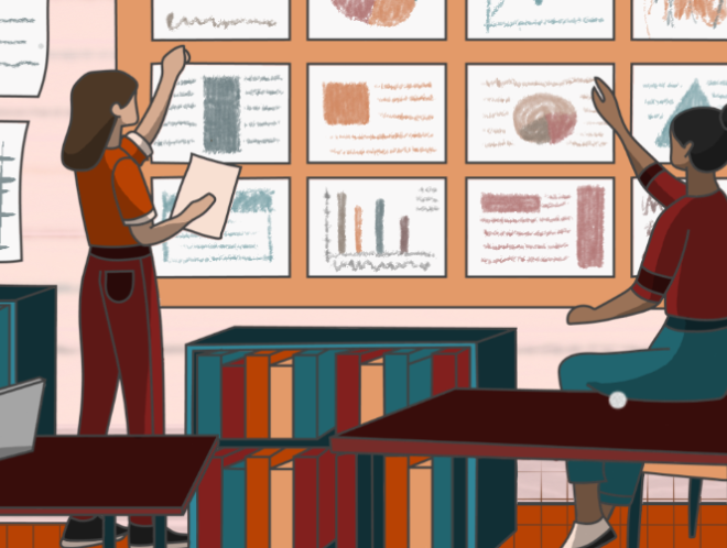 Graphic of students working on presentation