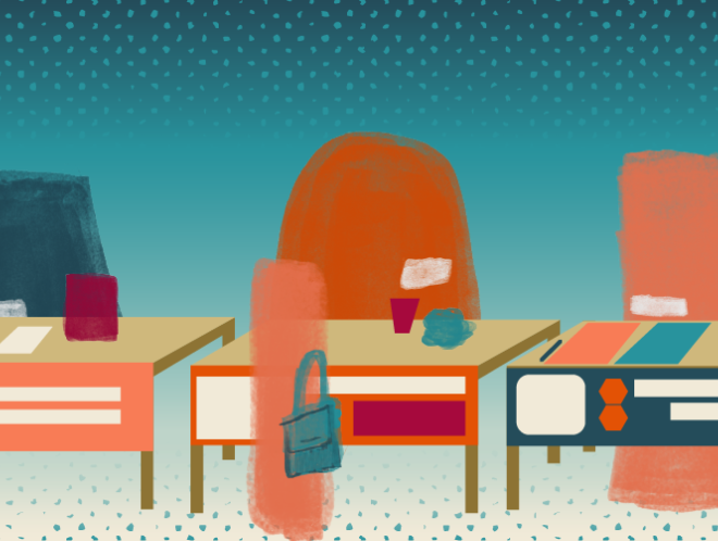 Graphic of figures around Internship & Job Fair tables