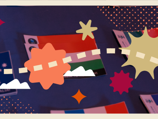 Photo of flag handouts with plane and shapes overlay