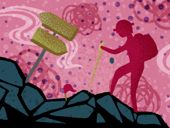 Graphic of person climbing up mountain
