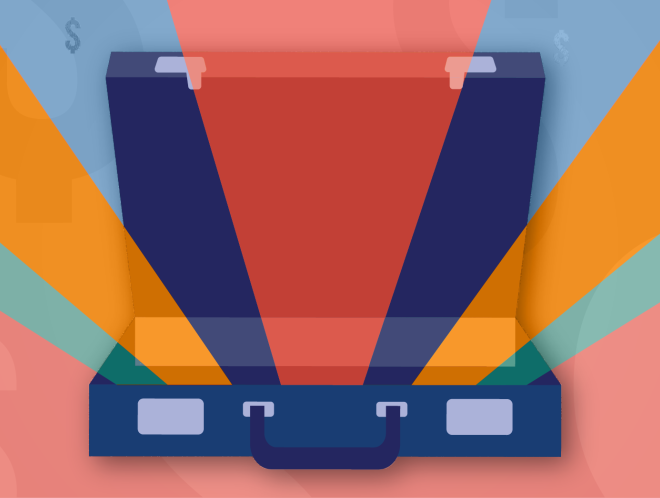 Graphic of open briefcase with dollar signs coming out of it