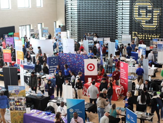 Photo of CU Denver's Internship & Job Fair with career brochure and question mark graphics