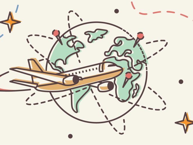 Graphic of luggage, plane flying around globe, and face mask