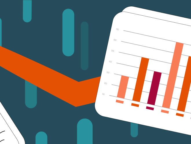 Graphic of an upwards arrow behind a page with a donut chart and a bar graph.