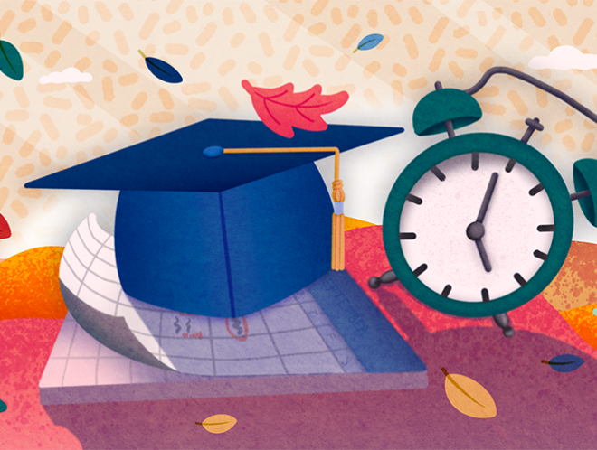 Graphic of a graduation cap, clock, and calendar with leaves blowing in the background