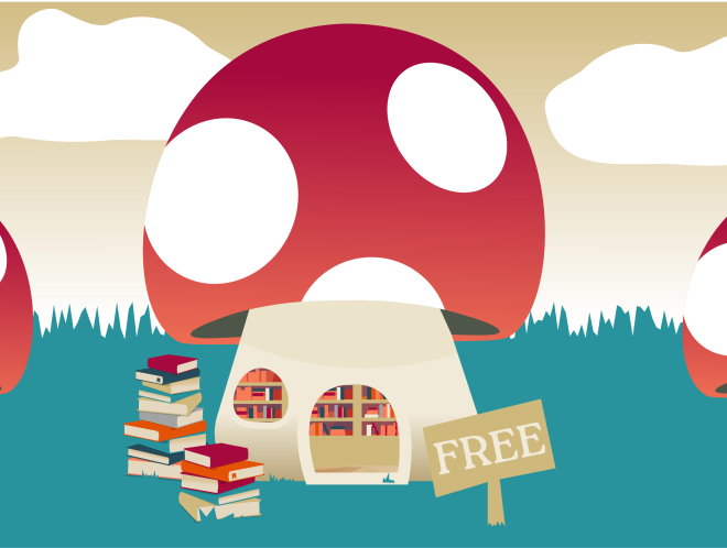 Graphic of mushrooms with libraries inside