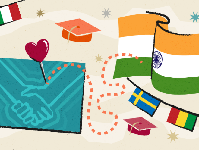 Graphic of Colorado and India's flag, surrounded by graduation caps, stars, and other world flags