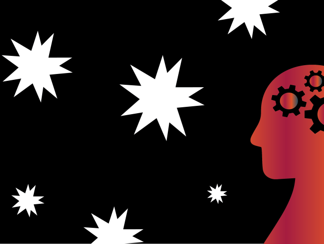 Graphic of side profile silhouettes with gears inside head. Stars in background.