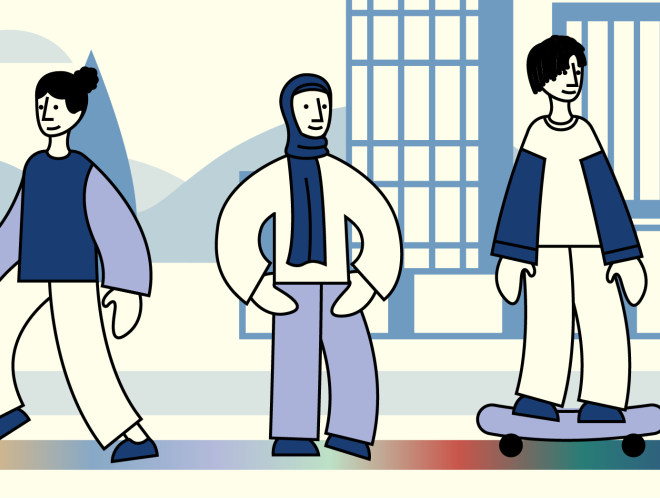 Graphic of students walking on campus