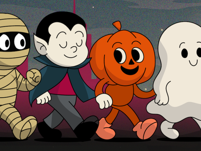 "Graphic of cartoon mummy, vampire, pumpkin, and ghost walking