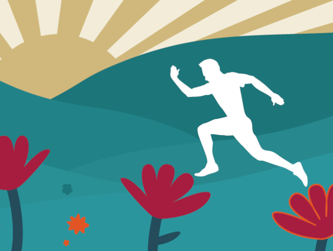 Graphic of person jumping across flower field to trophy