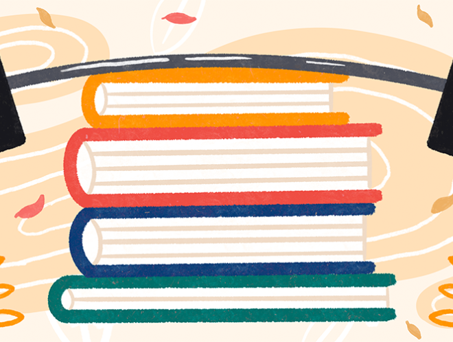 Graphic of a barbell sitting on top of a book stack